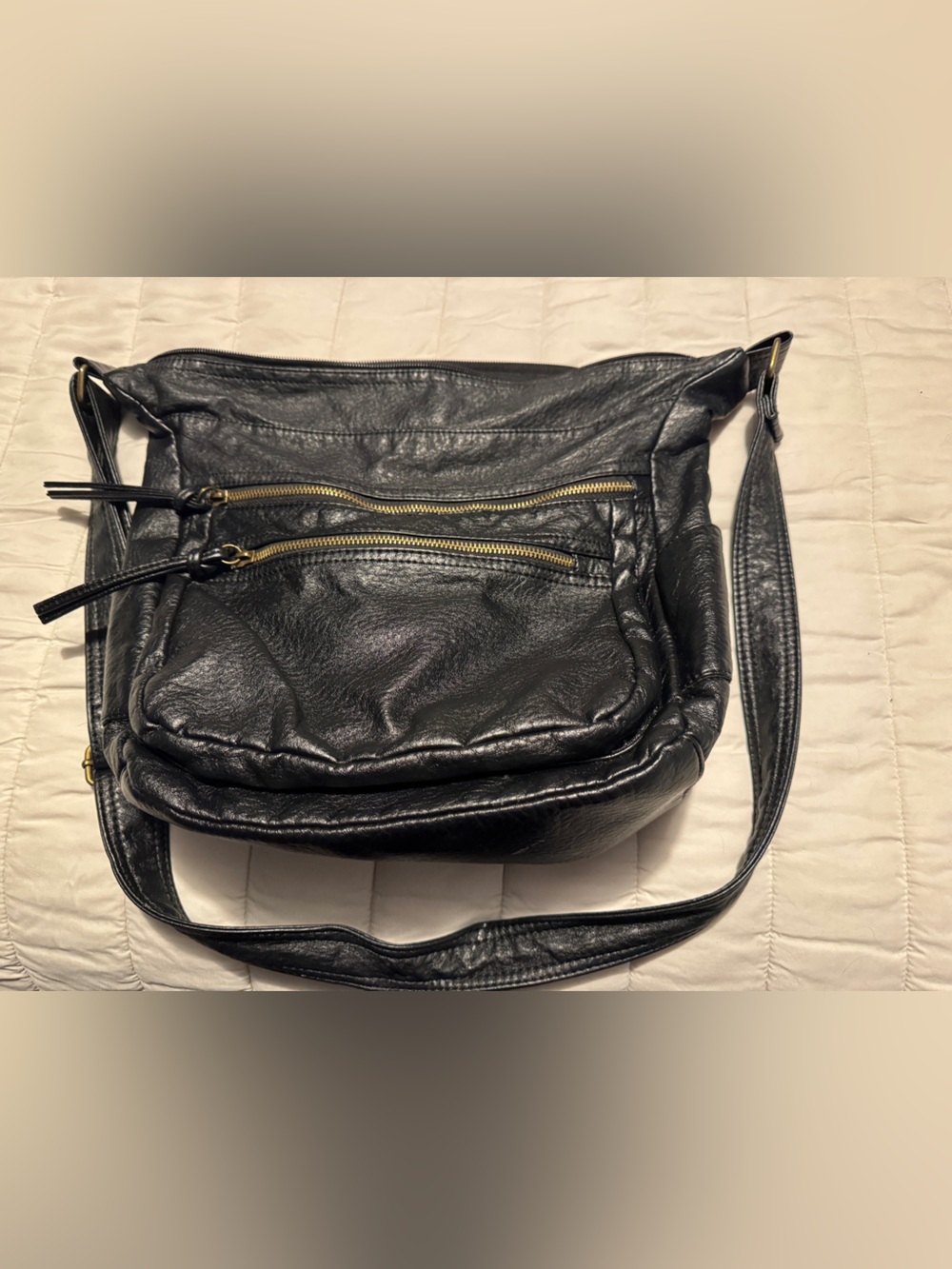 Black Leather Crossbody Bag with Front Zip Pockets
